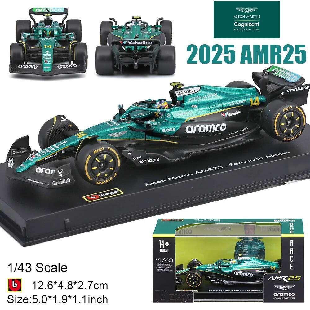 Bburago 1:43 F1 2025 Aston Martin AMR25 14# Fernando Alonso 18# Lance Stroll Alloy Car Die Cast Model Toy with an acrylic box Z260307