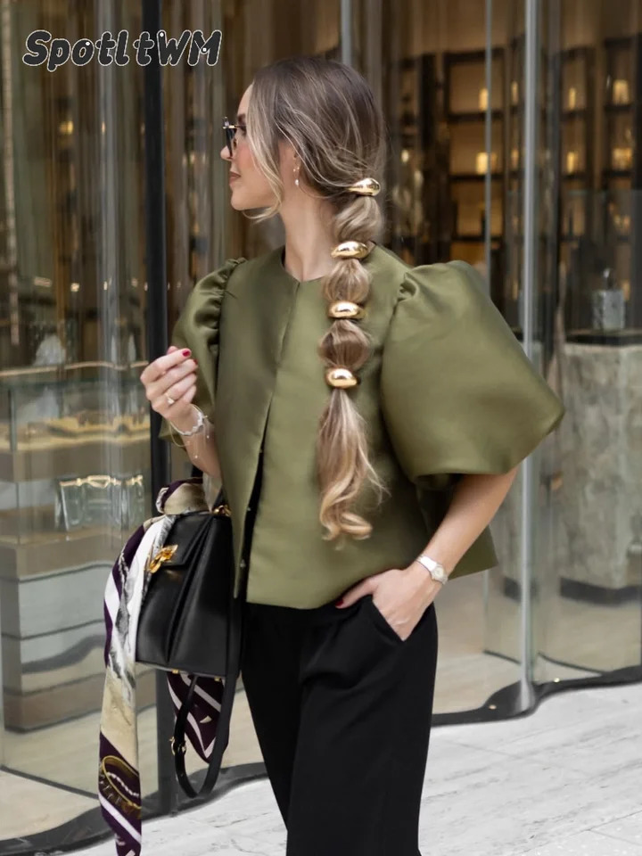Spring Summer Womens Fashion Casual Shirt Satin Bubble Sleeves Round Neck Loose Short Top Female Elegant Solid Blouses 260306