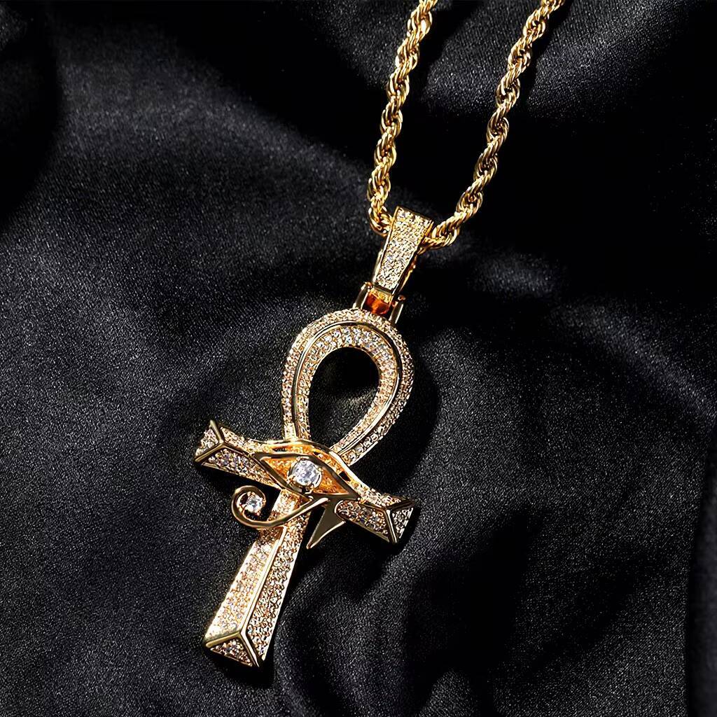 Hip Hop Ancient Cute Spring New Horus Eye Ankh Cross Pendant Retro Copper Diamond Rope Chain All-match Accessories C0006