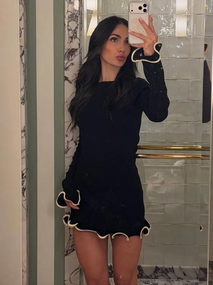Tossy Fashion Womens Knit Mini Dress Ruffled Autumn High Waist Elegant Slim Party Dress Patchwork Knitwear Sweater Female Dress 260306