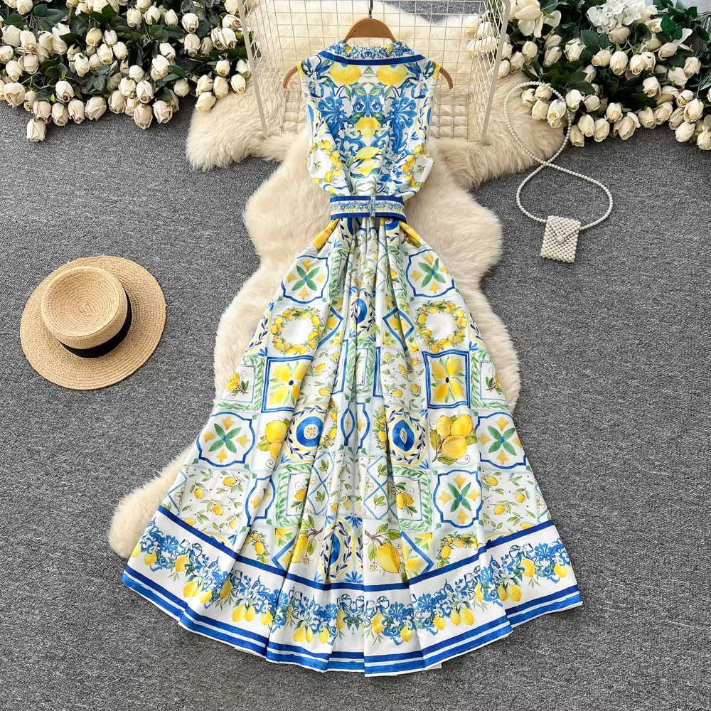 Resort Style Sleeveless Turn-Down Collar Printed Dress For Women Summer Korean Version Tie Waist A-Line Long Dress Elegant And Chic