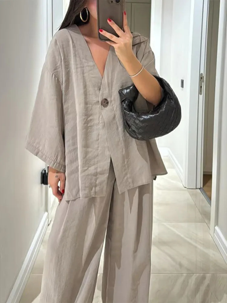 Elegant Cotton Linen Lapel Shirts Set Casual Elastic High Waist Solid Womens Loose Trousers Suit Lady 2 Piece Outfits 260303