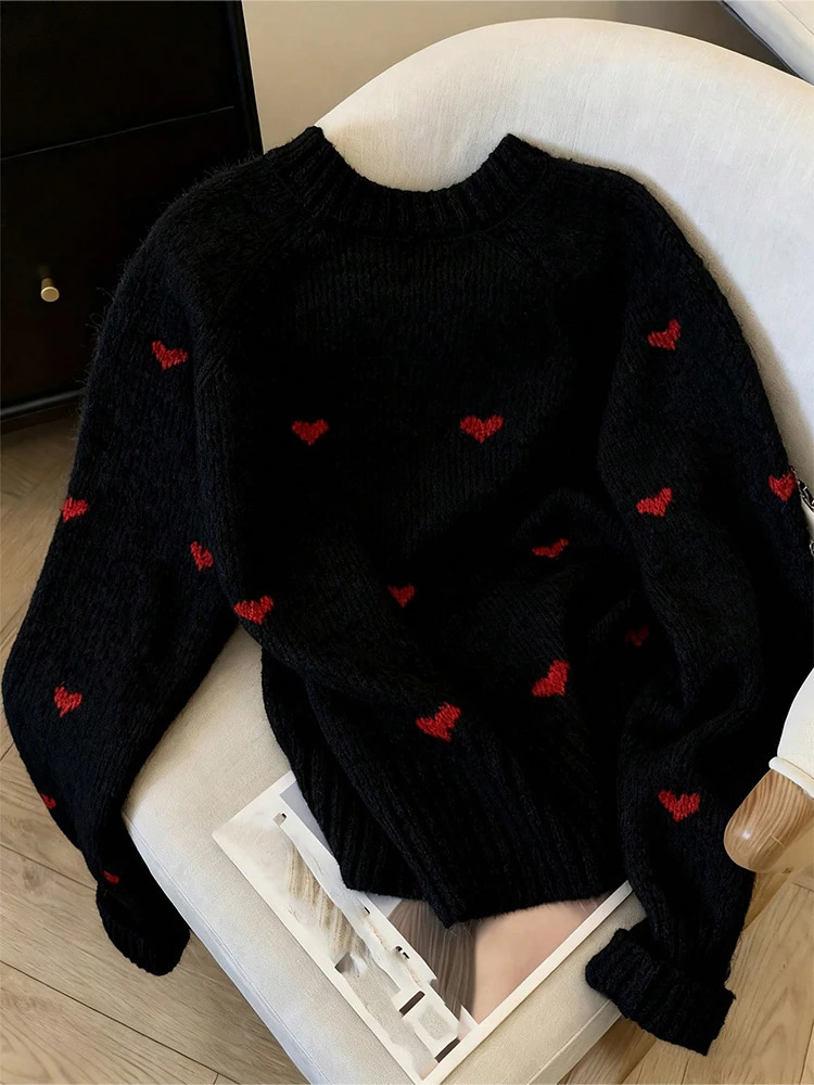 Autumn Winter Comfortable Heart Pattern Sweater Long Sleeve Pullover Round Neck Top Warm Versatile Womens Clothing 260306