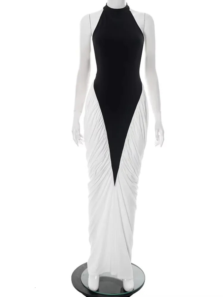 Blifanbo Patchwork Sleeveless Split Maxi Dress Women Fashion Contrast Color Halter Backless Ruched Bodycon Club Party Long 260306