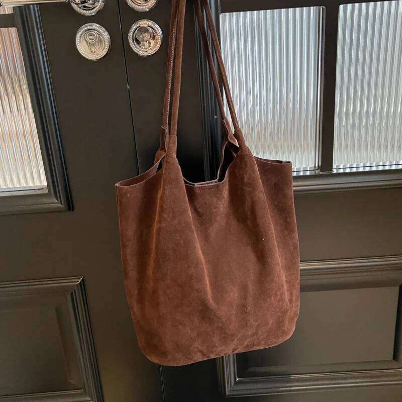 Retro Suede Tote Bag For Women Textured Solid Casual Commuting Shoulder Bags Autumn Winter Large Capacity Shopping Handbags XJ260306