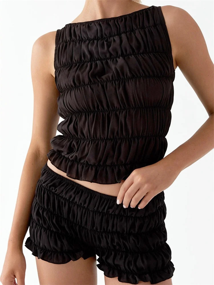 Womens 2 Piece Lounge Outfits Sleeveless Solid Color Ruched Tank Tops Shorts Sets 260306
