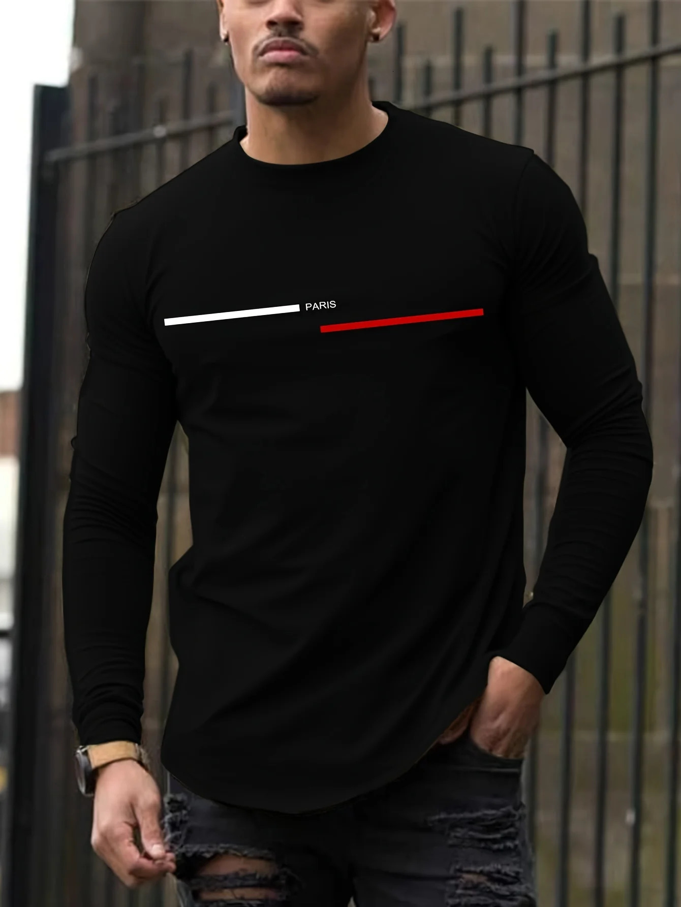 Mens 100 pure cotton summer loose comfortable casual PARIS print large round neck long sleeve Tshirt top 260302