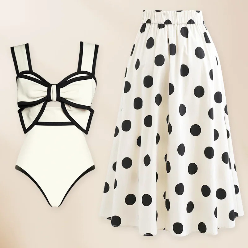 FLAXMAKER 3D Black and White Bowtie Decor One Piece Swimsuit Skirt Summer Swimwear Women Beachwear 260306