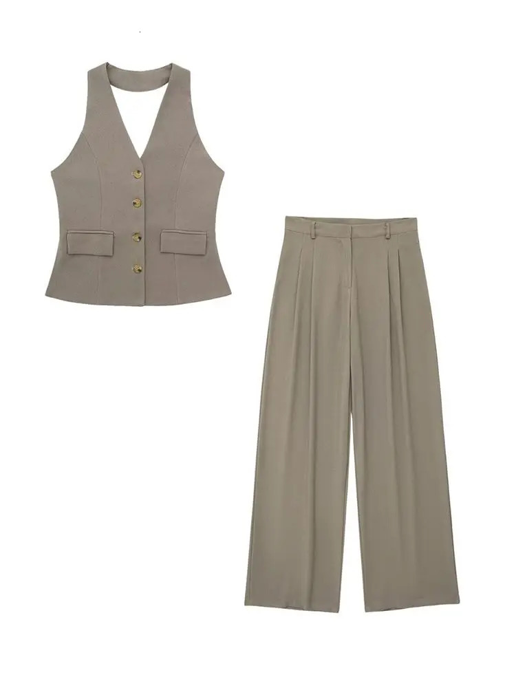 HH Women 2 Piece Set Halter Neck SingleBreasted Pocket Sleeveless Vest TopsHigh Waist Zipper Pockets Wide Leg Pant 260306