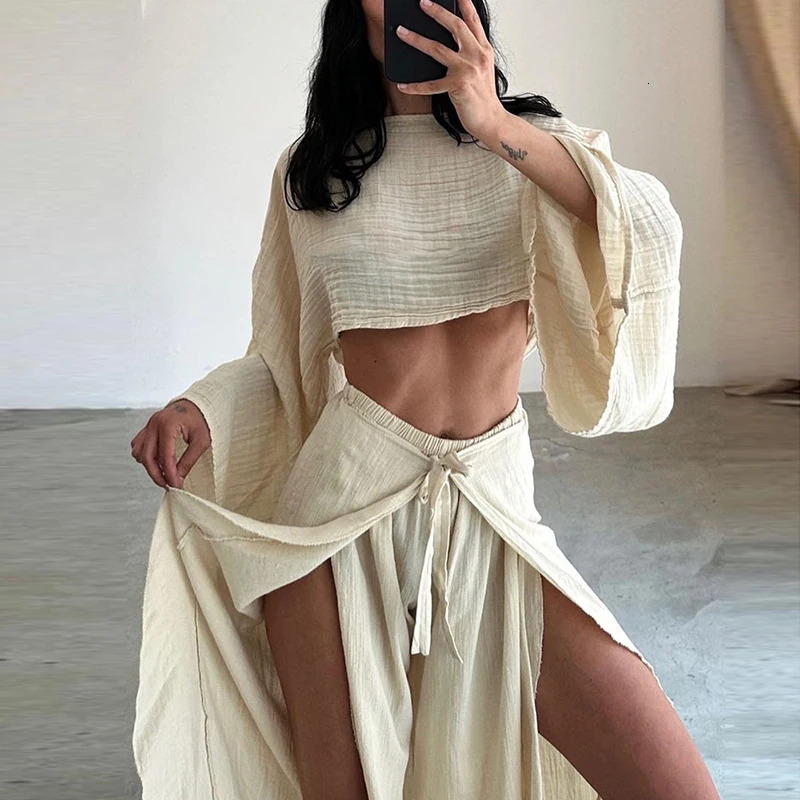 Spring Casual Solid Cotton Linen Suit Summer O Neck Crop TopLace-up Ruffle Pants Outfit Sets for Women Flare Sleeve Hollow 2pcs 260303