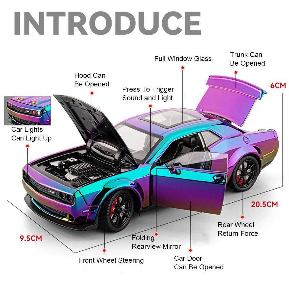 1:24 Hellcat Charger Alloy Car Diecast Model Toys Ornament Doors Opened Miniature Vehice Sound Light Pull Back Cars Toy Kid Gift Z260306