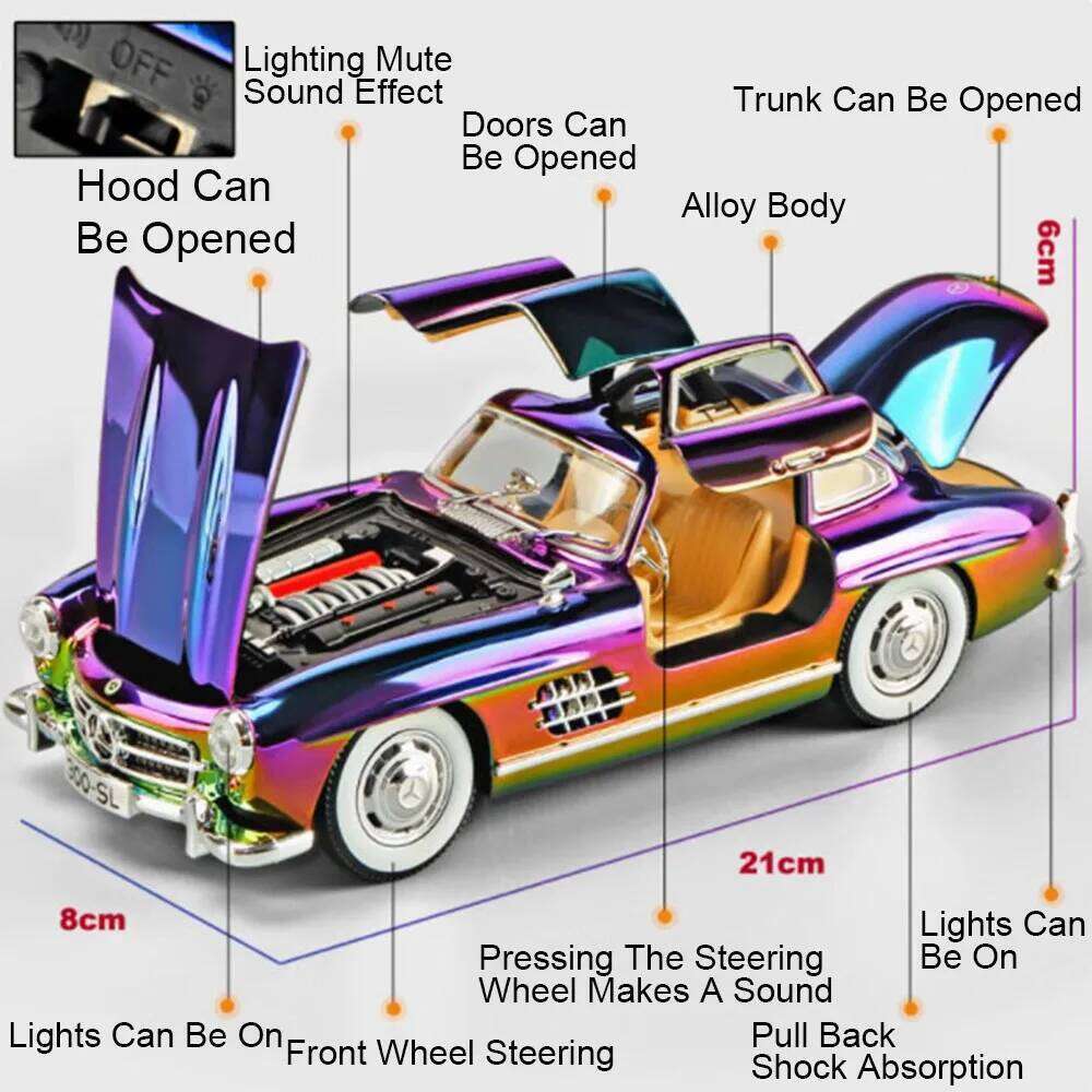 1:24 500K 300SL Toy Model Alloy Diecast Car Sound Light Pull Back Doors Opened Shock Absorption Vintage Cars Collect Preferences Z260306