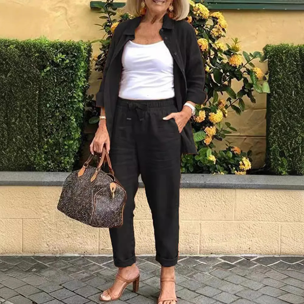 Cotton Linen Set Women Spring Summer Loose Oversize Long Sleeve Shirt Long Pants 2 Piece Sets Casual Office Ladies Trousers Suit 260304