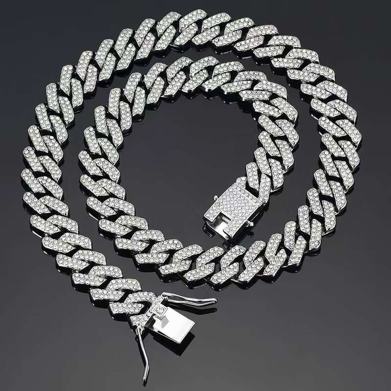 Wang Yibo's same style 14mm diamond-shaped Cuban chain high-quality zinc alloy necklace hip-hop men's and women's bracelet wholesale