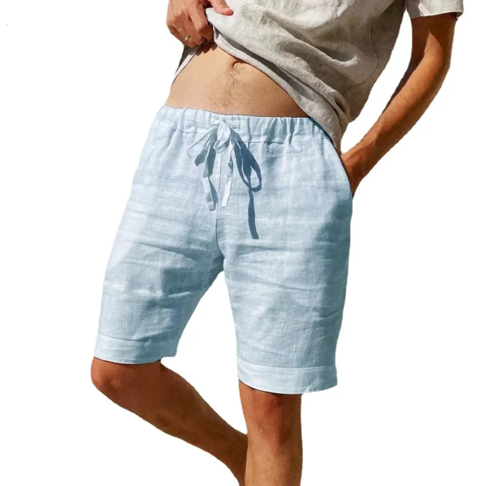 Summer Mens Cotton Linen Breathable Shorts Hawaii Beach Pants Male Solid Color Trousers Loose Versatile Streetwear 260306
