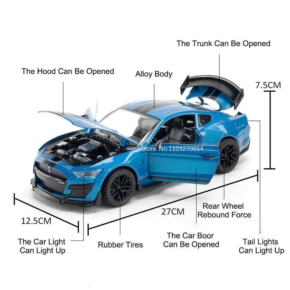 1:18 Chiron Mustang Shelby GT500 Miniature Model Toys Alloy Diecast Car Doors Opened Sound Light Pull Back Cars Boyfriend's Gift Z260306