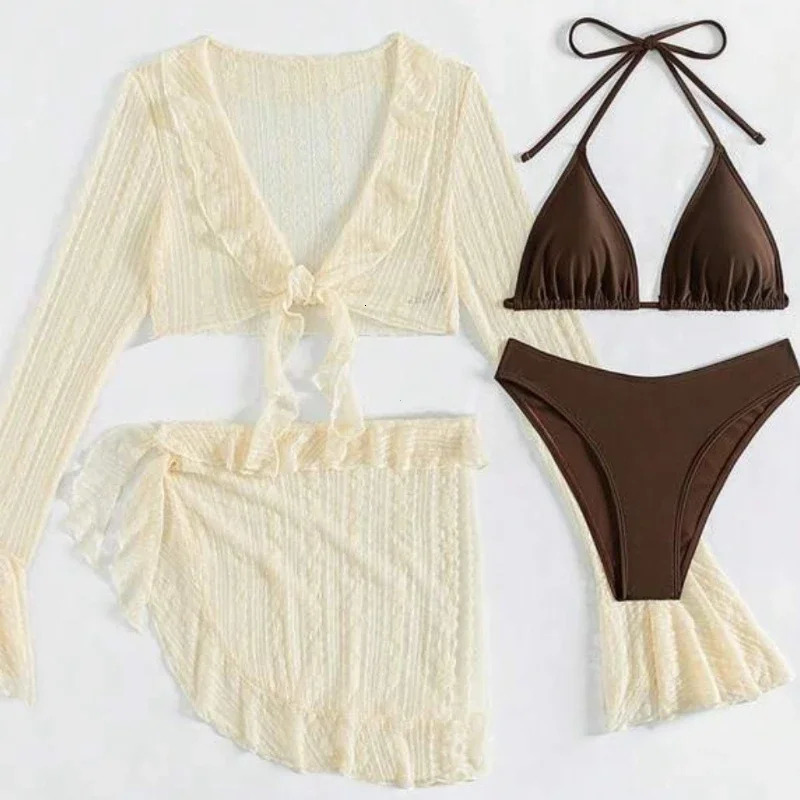Women Swimsuit Longsleeve Coverup Swimwear Sexy Fourpiece Summer Solid Bikini Set Brazilian Beachwear Party Bathing Suit 260306