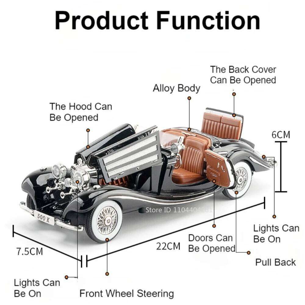 1:24 500K 300SL Alloy Models Diecast Classic Car Doors Opened Sound Light Pull Back Miniature Vehices Vintage Collectibles Gifts Z260307