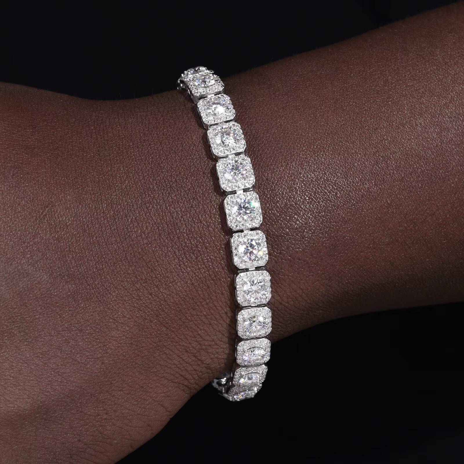 Sparkling 6mm 8mm Moissanite Halo Tennis Bracelet High Quality White Gold Non Fade 925 Sterling Silver Hip Hop Jewelry for Men