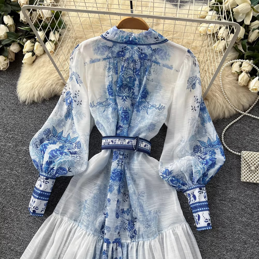 Palace-style Blue And White Porcelain Print Dress For Women Spring Long-sleeve Waist-cinching Slimming A-line Long Dress Elegant And Classy