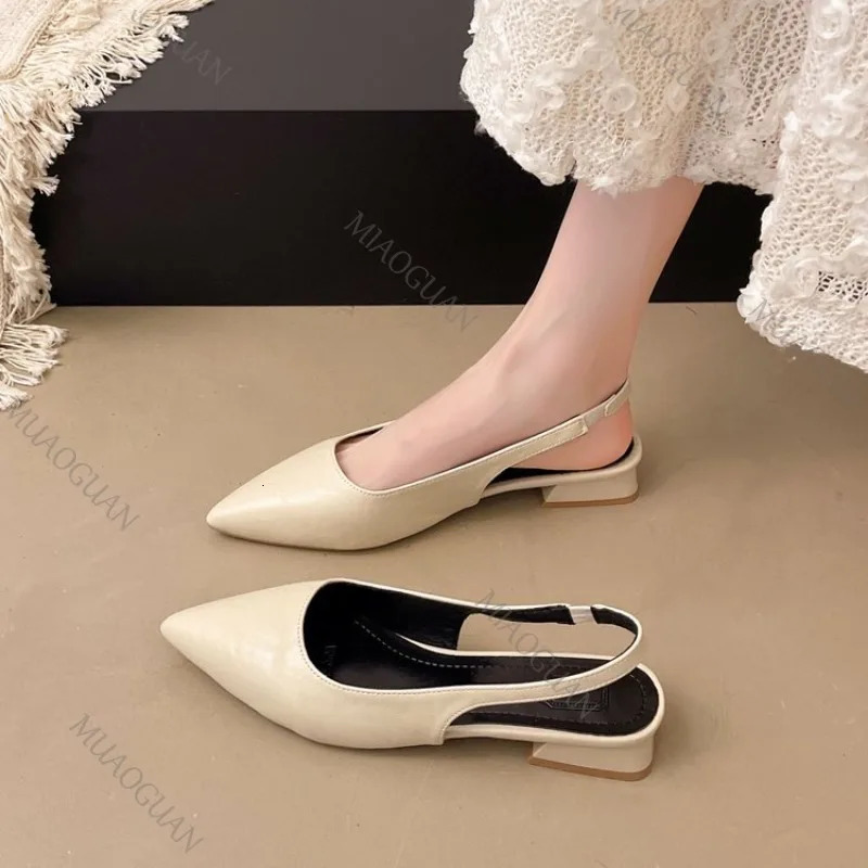 Womens Leather Pointed Toe Slingback Slip-on Low Heeled Sandals Soft Comfortable Casual Female Summer Daily Pumps Footwear Shoe 260303