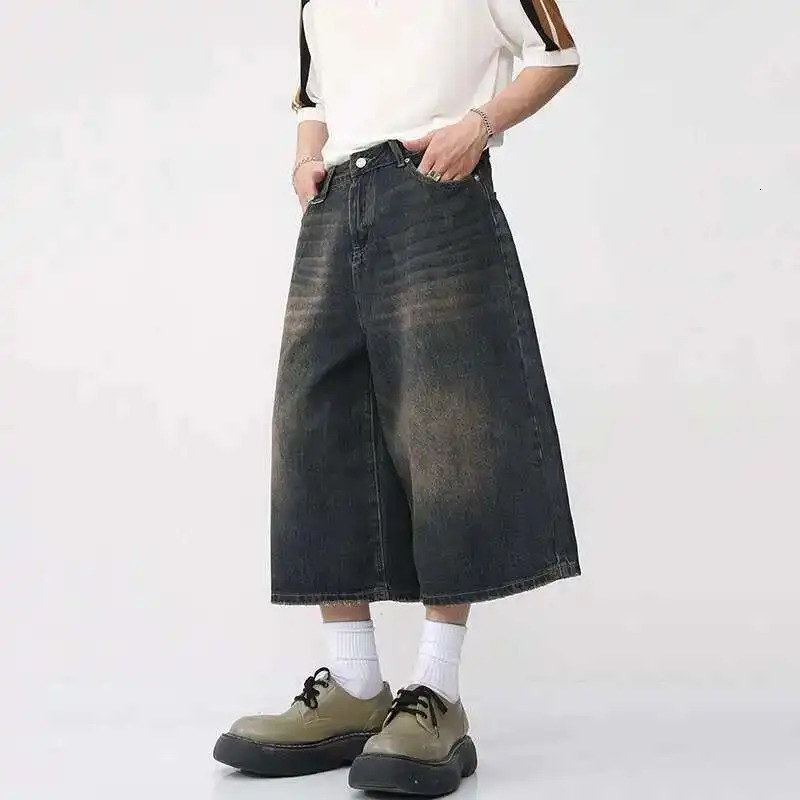 IEFB Korean Style Vintage Mens Jeans Summer Loose Male Wide Leg Knee Length Shorts Washed Fashion Short Denim Pants 9A8825 260306