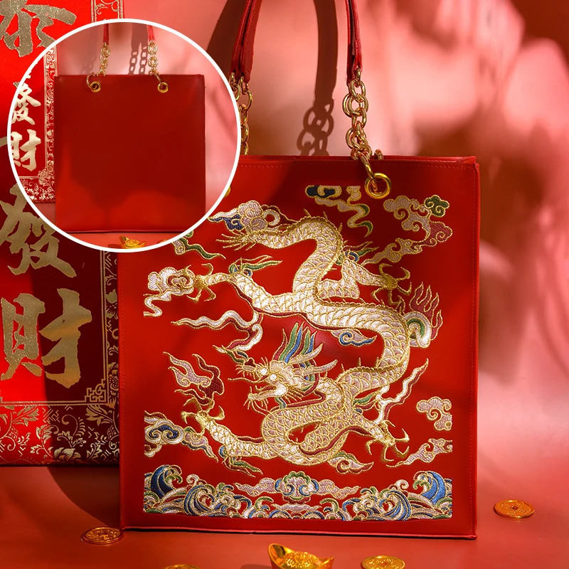Original Antique Festive Bride Handbag Gift Gold Bags Chinese Red Bag Female Wedding Hanfu Embroidered Dragon for Women 260307