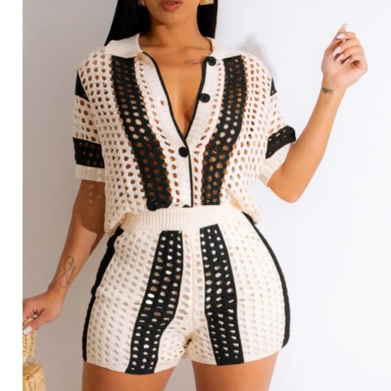 Womens Two Pieces Set Knit Ribbed Crochet Patchwork Outfits Short Sleeve Shirt Sweater Suit Outfit Tracksuit 260306