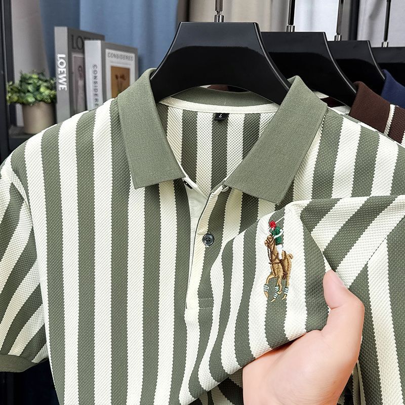 Luxury Brand Designer Clothes Q02 Summer Men's Short-Sleeve Light Luxury T-Shirt Striped Polo Shirt Loose Fit Business Top Men's Clothing
