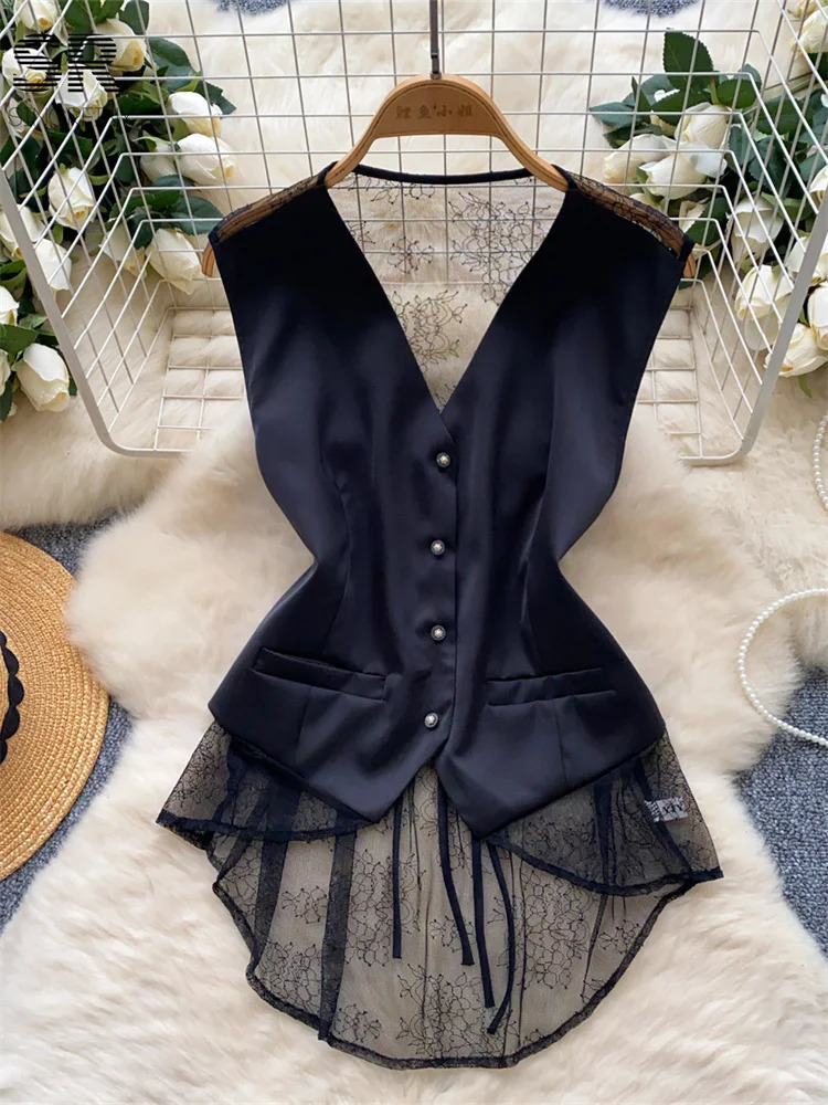 SINGREINY Backless Sexy Tank Vest Sleeveless Single Breasted V Neck Spliced Lace Skinny Sheer Irregular Summer Women Tops 260306