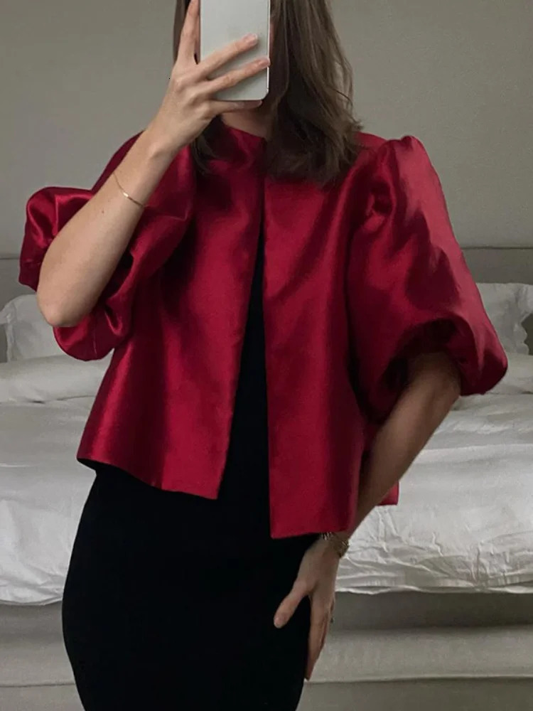 Round Neck Satin Solid Short Blouse For Women Elegant Button Puff Short Sleeve Fashion Shirt Chic Lady Street Shirts 2026 260306