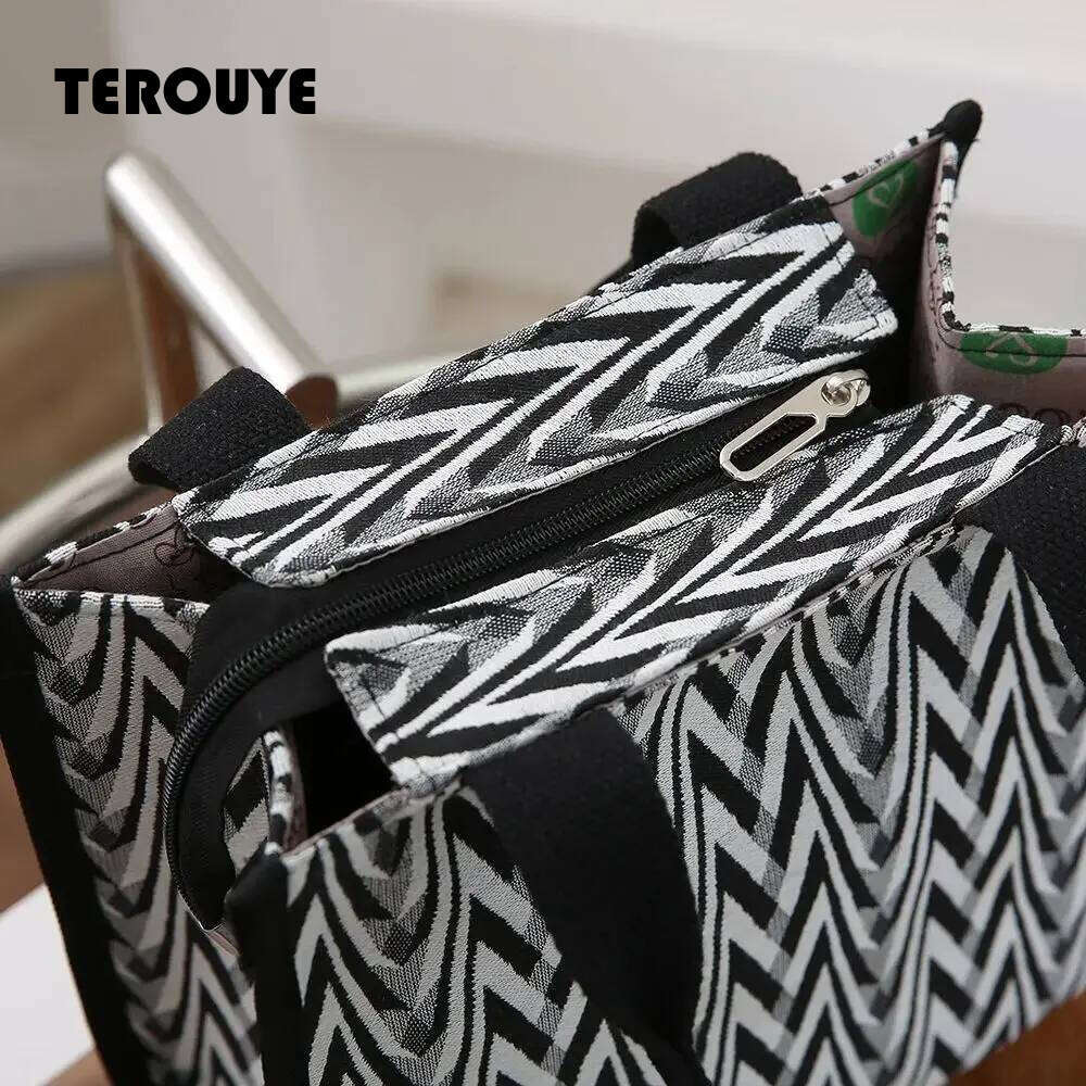 Chevron Pattern Canvas Tote Bag, Retro Letter Patch Decor Handbag, Women's Causal Shopper & Commuter Bag TEROUYE