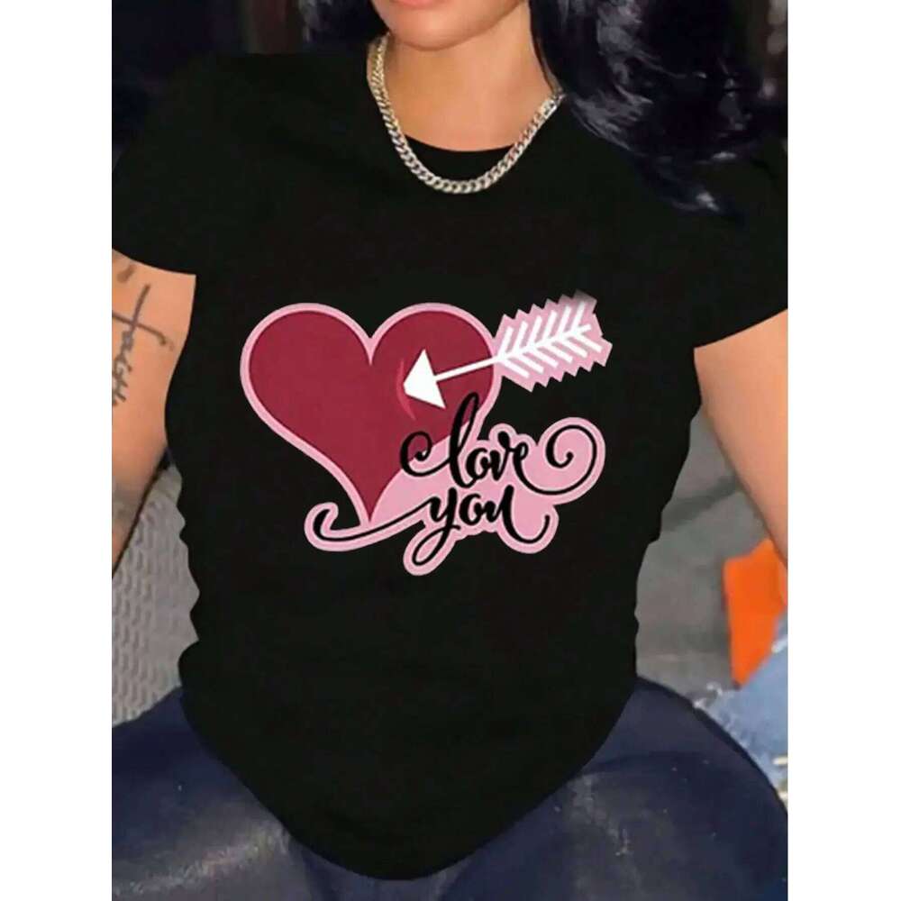 Women's Heart Print Cotton Crew Neck T-Shirt Short Sleeve Casual Summer Graphic Tee Fashion Top XJ260306