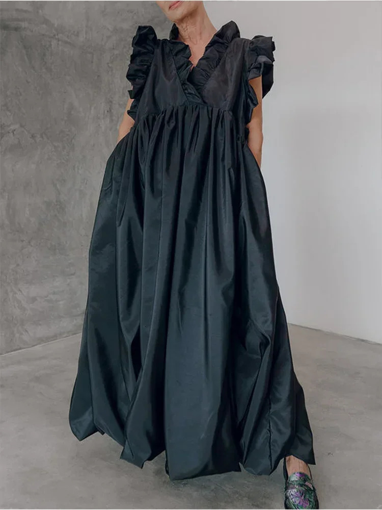 Elegant Womens Pleated Dress A-line Loose Ruffle Sleeveless Summer Casual Vintage Fashion V-Neck Summer Dress for Female 260306