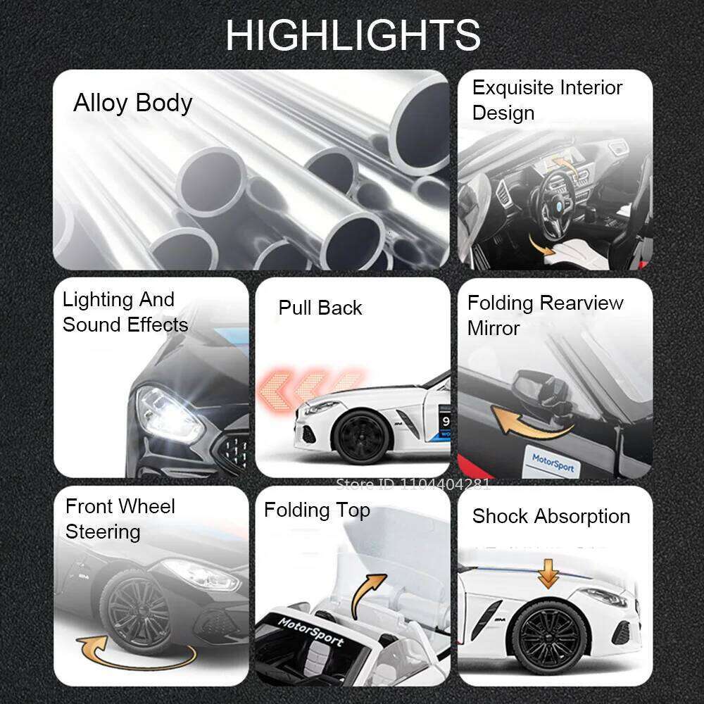 1:22 Z4 I8 Alloy Diecast Model Sports Car Toys Doors Opened Sound Light Pull Back Vehices for Friend's Holiday Gift Z260307