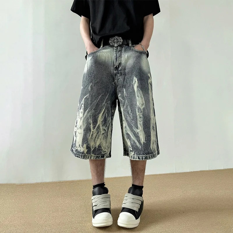 2026 Flame Graphic Print Denim Shorts For Men Hip Hop Fashion Straight-leg Baggy Jorts Punk Tie Dye Gradient Y2K Short Jean 260306