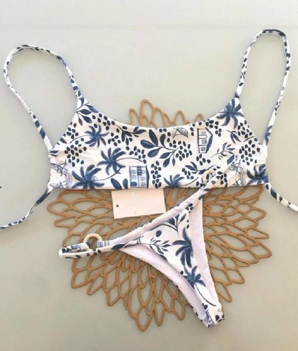 RUOTONGSEPT Women Swimsuit Knitted Bikini Set Sexy Blue White Print Split Brazilian Triangle Swimwear 260306