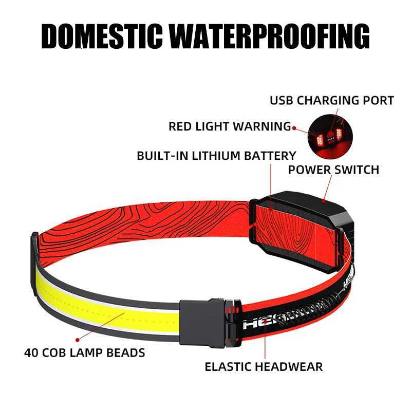 LED Headlamp Head Flashlight USB Rechargeable Head Lamp Withe Red Tailight Outdoor Camping Running Lamp Hiking Hat Headlight H260307