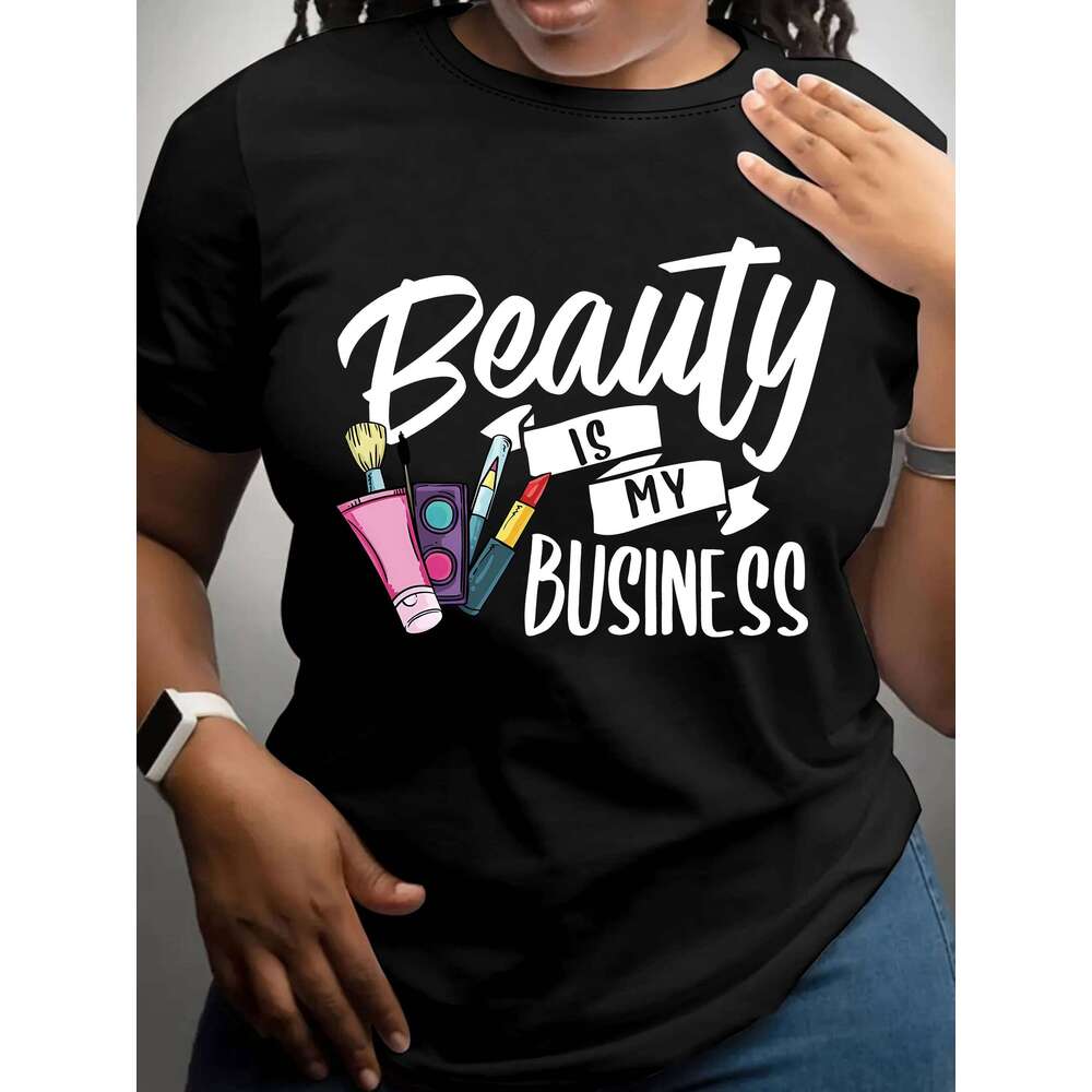 Women's Tshirt Graphic Beauty Is My Business Casual Crew Neck with Makeup Brush Design Short Sleeve Summer Top Comfortable Fit XJ260306