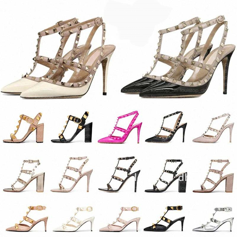 Designer High Heel Sandal Dress Shoes Ankle Strap Roman Studs Black Nude Strip stiletto Peep-Toe Point Toe Rivets Womens Party Wedding Stiletto Block Heel