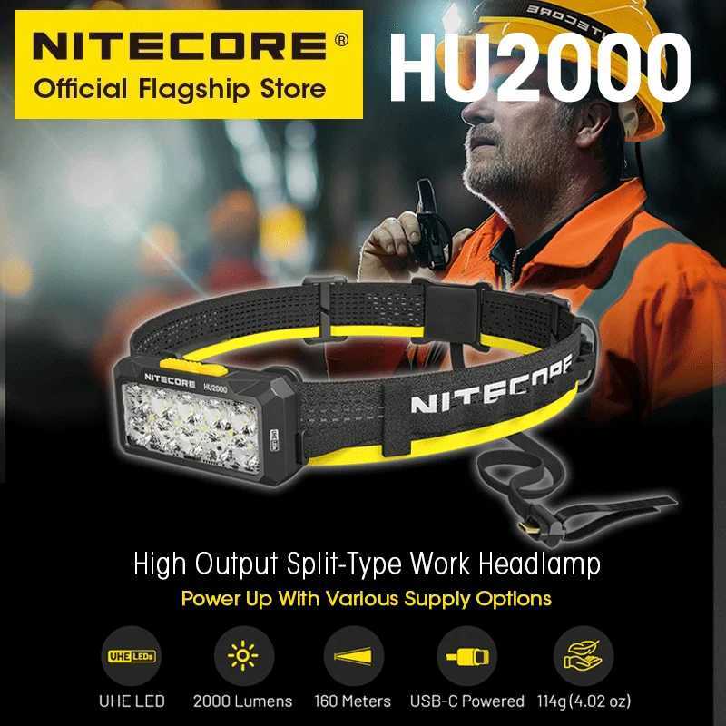 NITECORE HU2000 High Output Split-Type Work Headlamp 2000 Lumens USB-C Recharge LED Headlight Work Light Flexible Power Options H260307