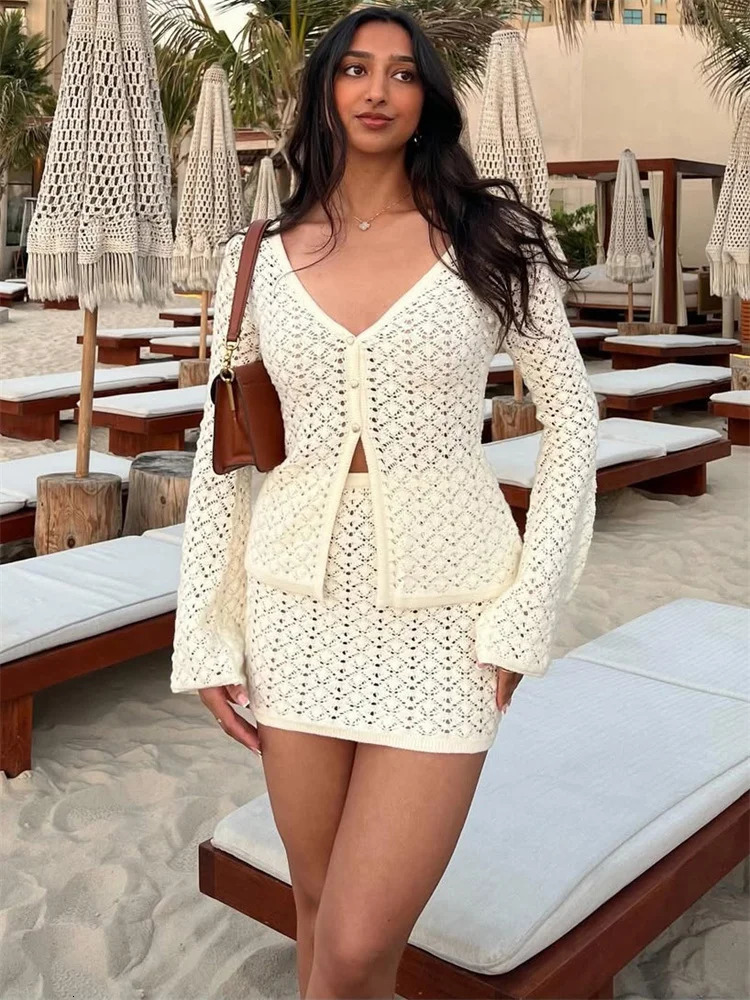 XIAOTANG Knit Hollow Out 2 Piece Skirt Sets Women VNeck Cardigan Top High Waist Mini Outfits Knitwear Beach Clothing 260306