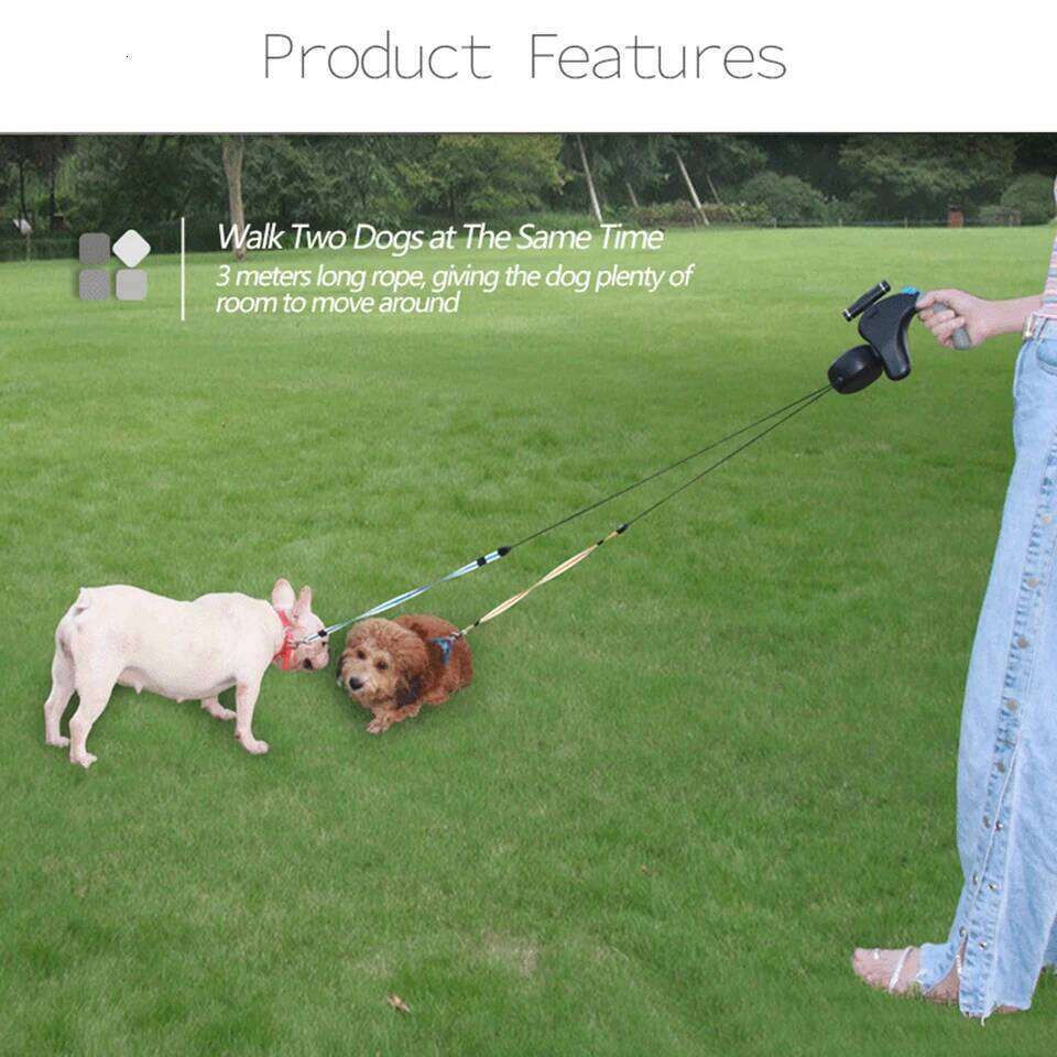 For 2 Dogs Walking Traction Belt Retractable Adjustable Double With Light Dual Dog Leash Rotation Pet Rope Bamubi