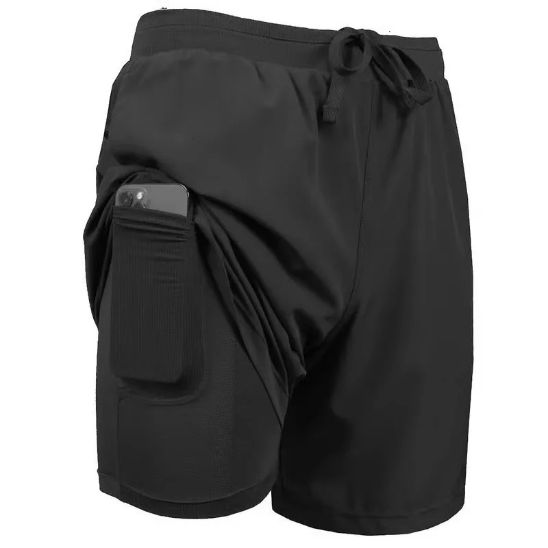 Mens Builtin pocket Shorts Quickdrying Fitness Double Layer Men Breathable Workout Training casual Sports Short Pants 260306