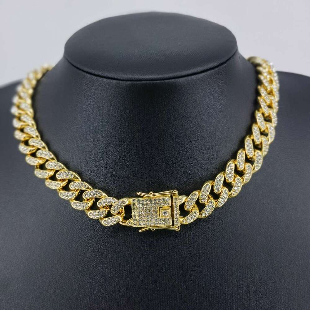 European and American Alloy 12mm Round Full Diamond Buckle Necklace Hip Hop Cross-Border Wholesale Cool High-Quality Cuban Chain
