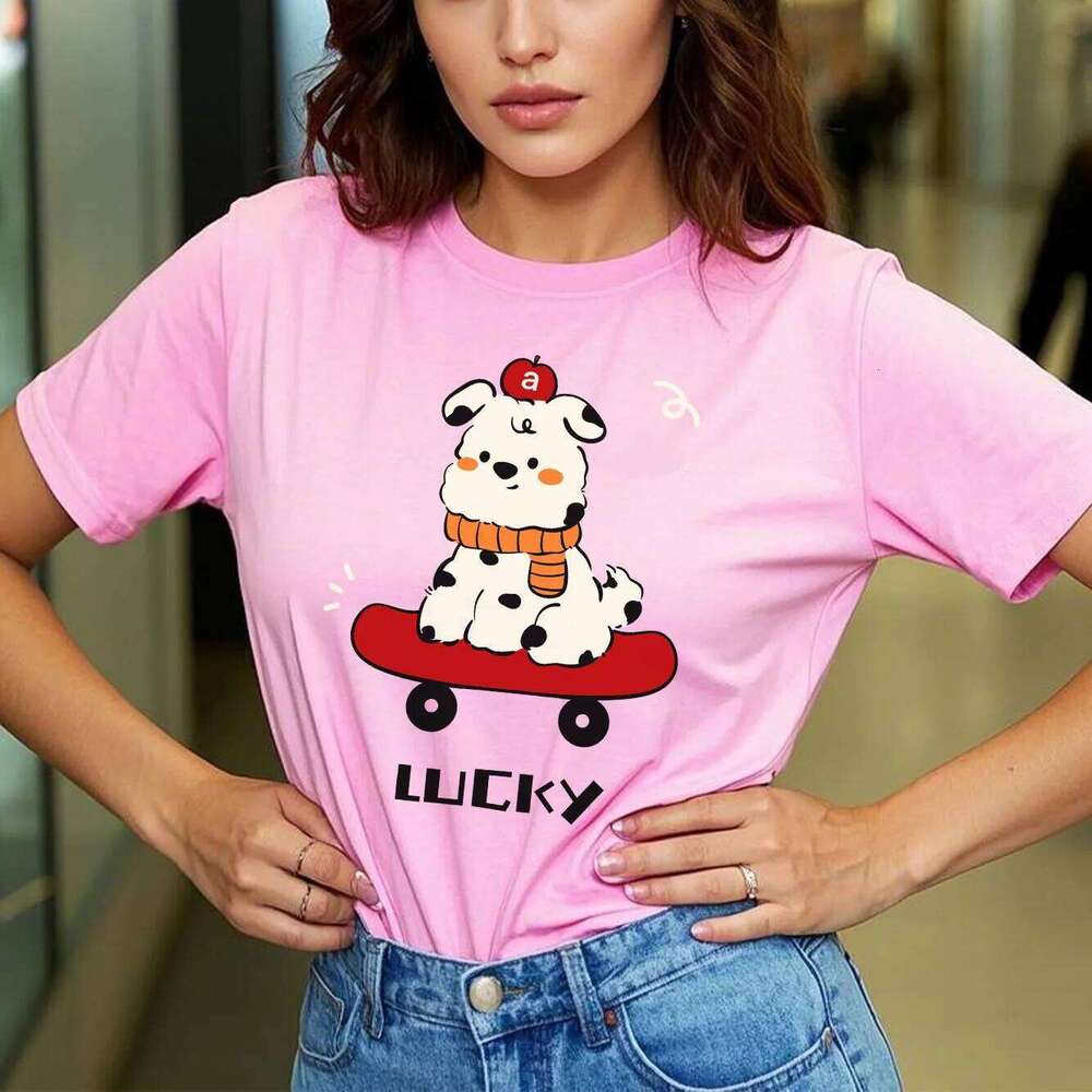 Fashionable Dog Skateboarding Fun Printed Pattern Short Sleeve Round Neck Casual Versatile Women's T-shirt XJ260306 XJ260306