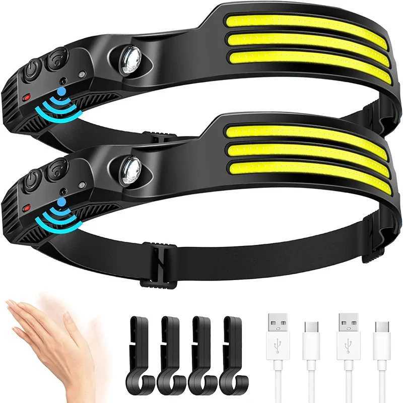 COB LED Headlamp Induction Head Lamp Built-in Battery USB Rechargeable Head Flashlight Outdoor Camping Fishing Sensor Headlight H260307