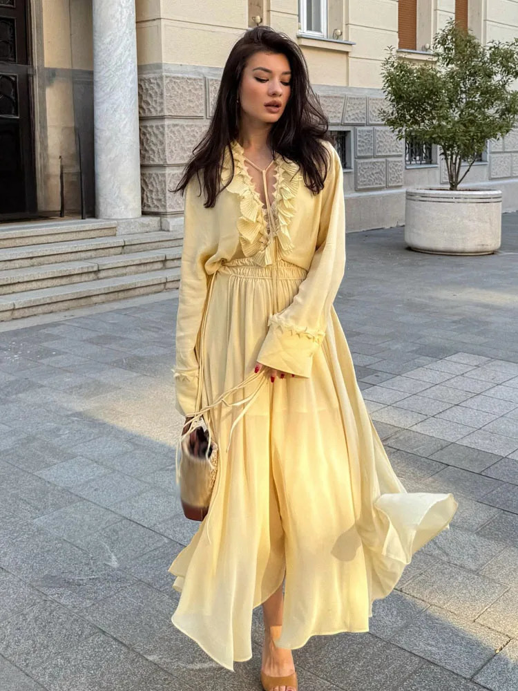 HH Female Elegant Sets Light Yellow VNeck Long Sleeves Tierred Decoration LaceUp ShirtsHigh Waist Skirt Women Suits 260306