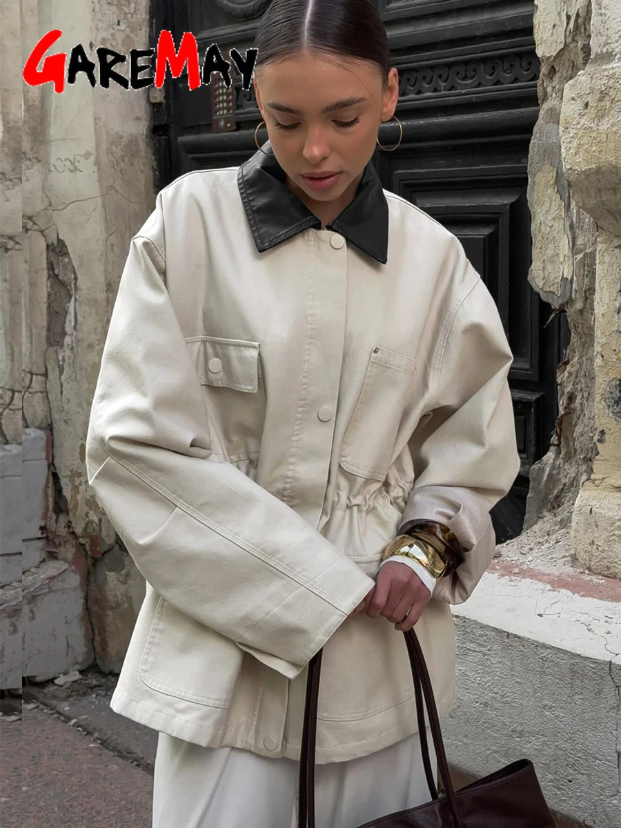 Womens Demi-season Jacket with Zipper Cotton Oversize Classic PU Leathercollar Vintage Autumn Jackets for Women 260306