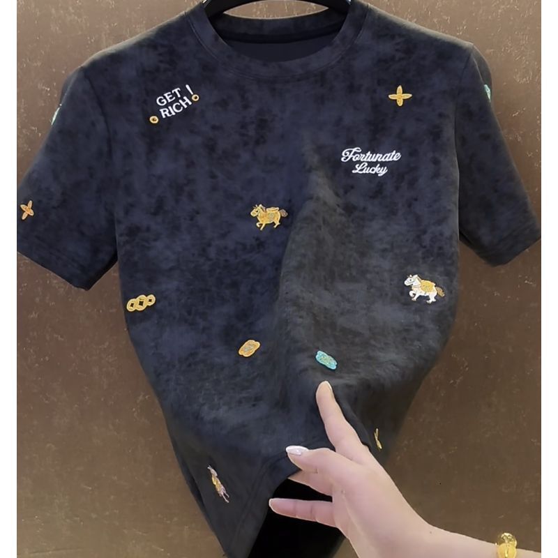 Luxury Brand Designer Clothes 2026 "Get Rich Soon" Men's Embroidered T-Shirt, Light Luxury, High-Quality, Versatile, High-End, Round Ne